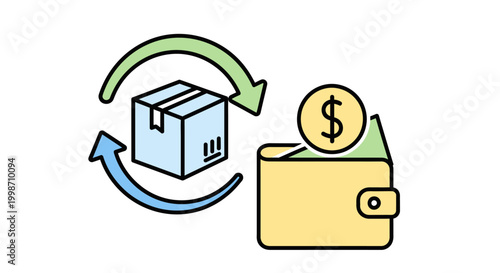 Conceptual illustration of e-commerce transaction with package and wallet.