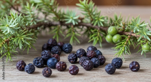 Juniper Berries and Branch on Rustic Wooden Tabletop.