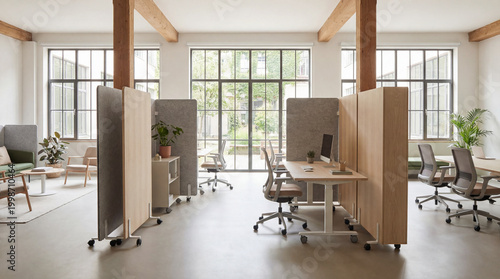 Flexible office space with portable divider screens under soft daylight minimal setup for productive environment