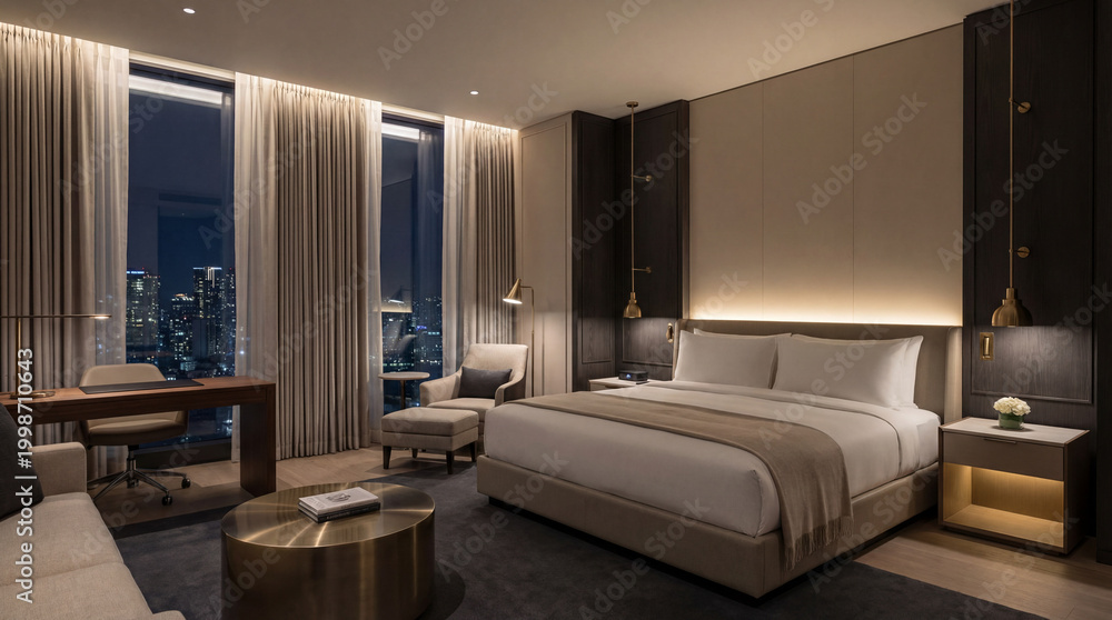 Fototapeta premium Luxury hotel room with panoramic windows emphasizing modern sleek design and expansive natural light exposure