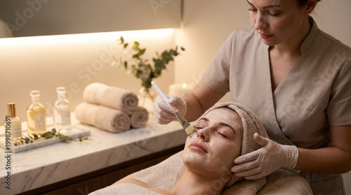 Beauty professional performing facial treatment, skincare routine, wellness, self care, spa environment, luxury service concept.