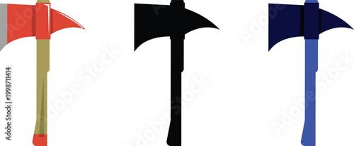 Firefighter Axe ector Set with Red, Blue, and Black Axe icon. Wood chopping and cutting tool symbol. Equipment and hazard concept representing axe, instrument and safety.