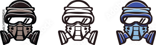 Gas masks icon. Safety and Protection Symbol. Three Stylized Gas Masks Vector Illustration. Brown, Outline, and Blue Respirators. Personal Protective Equipment.