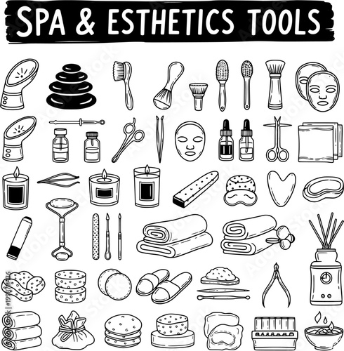 Collection of Hand-Drawn Spa, Beauty  Esthetics Tools  Supplies Vector Set