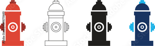 Fire Hydrant Icons Set: Red, Outline, Black, and Blue Vector Illustrations.