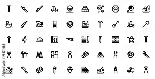 Construction icon set. Vector tools and equipment collection. Includes screw, flashlight, chainsaw, dozer, excavator, tractor, hammer, shovel, helmet, wrench, bricks, crane and more. Editable stroke.