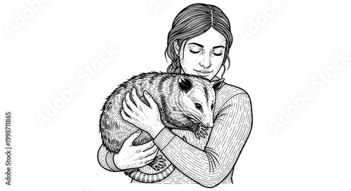 Young Woman Gently Holding a Fuzzy Opossum in Black and White Sketch