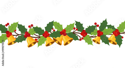 Christmas Garland with Holly, Berries, and Golden Bells - Festive Border Design
