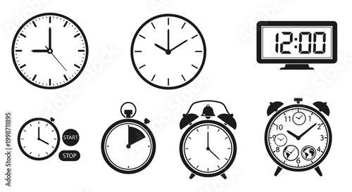 Collection of Diverse Clocks and Timekeeping Devices Icons