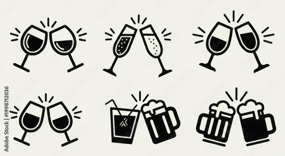 Fototapeta premium Set of six icons representing different types of drinks clinking together.