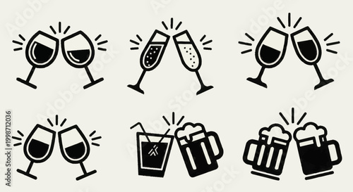 Set of six icons representing different types of drinks clinking together.