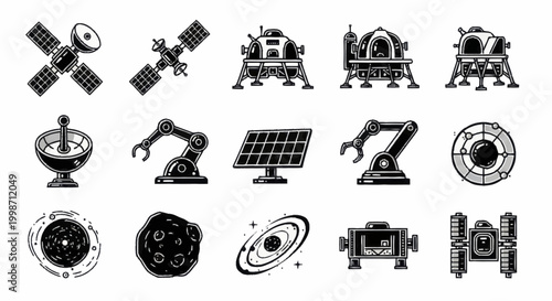 Space Exploration and Robotics Technology Icons Set.