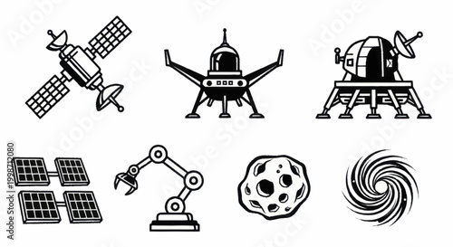 Space Exploration and Technology Doodle Icons Set.