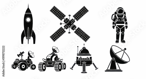 Space Exploration Icons Set - Rocket, Satellite, Astronaut, Rovers, and Dish.
