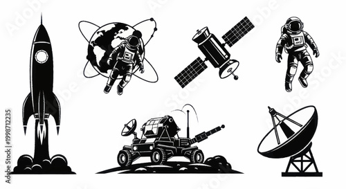 Space Exploration Icons Set Rocket Astronaut Satellite Rover Dish.
