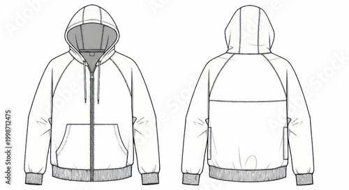 Technical drawing of a full-zip hooded sweatshirt design.