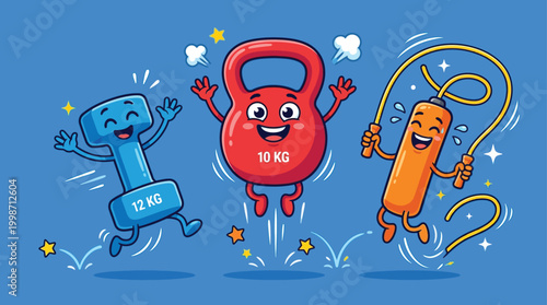 Happy Cartoon Fitness Equipment Jumping and Playing Together with Joy