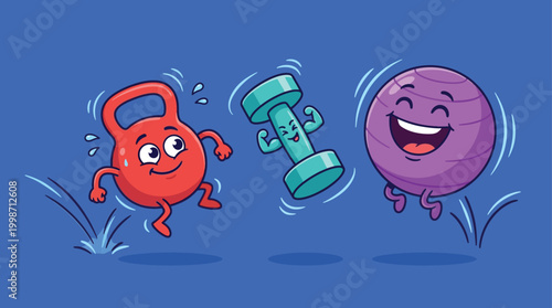 Cute Cartoon Fitness Equipment Characters Jumping Joyfully - Vector Ar