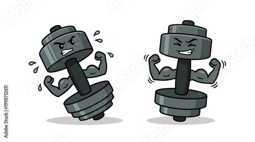 Cute Cartoon Dumbbell Characters Flexing Muscles with Sweat and Effort