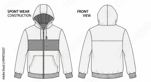 Technical Drawing of a Sportswear Hoodie with Front and Back Views.