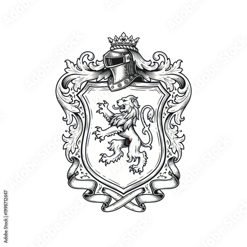 Heraldic Crest Emblem with Lion, Crown, Helmet and Ornate Scrollwork