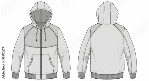 Technical Drawing of a Zip-Up Hoodie with Raglan Sleeves and Pockets.