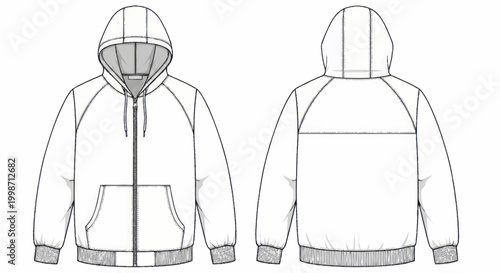 Technical Drawing of a Zip-Up Hoodie Front and Back View.