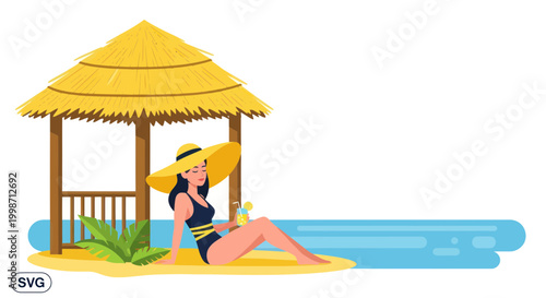 Woman relaxing in beach hut with cocktail, summer vacation, tropical resort
