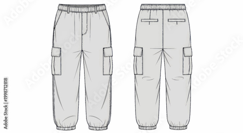 Technical fashion illustration of cargo pants with elastic waist and cuffs.
