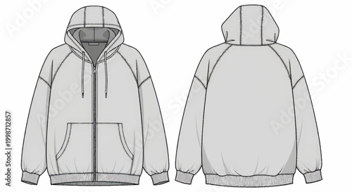 Technical sketch of a full-zip hoodie with raglan sleeves and a kangaroo pocket, front and back views.