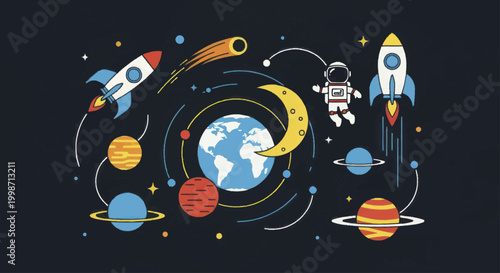 Vibrant Space Exploration Scene with Planets Rockets and Astronaut.