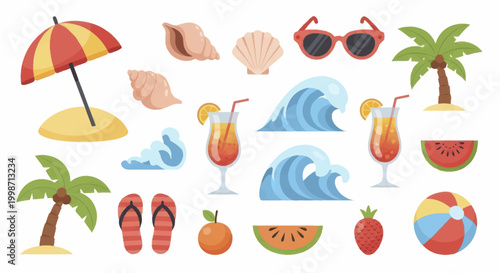 Vibrant Summer Vacation Elements Collection - Beach Umbrella, Palm Trees, Cocktails, and Tropical Fruits.