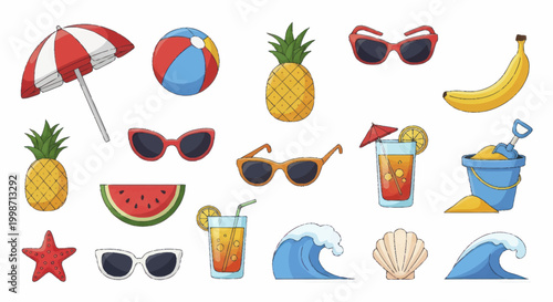 Vibrant Summer Vacation Essentials Collection with Beach and Tropical Elements.