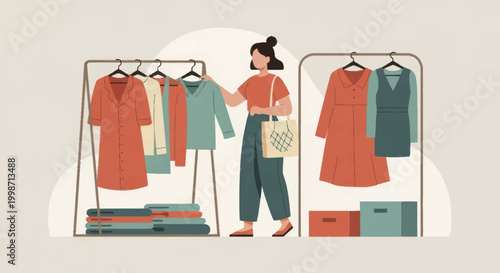 Woman browsing clothes on racks at a boutique or market stall.