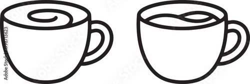 Web, Coffee cup mug with latte art and hot tea beverage outline icon for cafe menu.