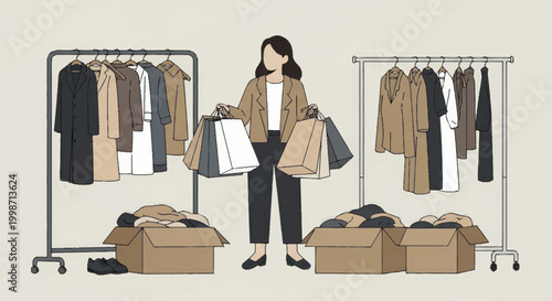 Woman holding shopping bags surrounded by clothes racks and boxes of garments.
