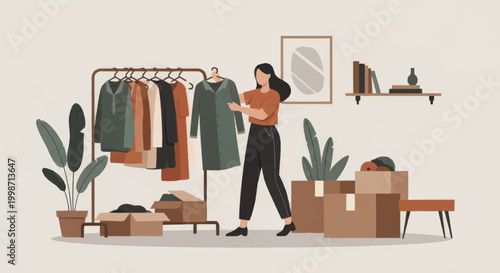 Woman organizing clothes for donation or resale in a room.