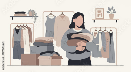 Tableau sur toile Woman organizing clothes for donation or resale, promoting sustainable fashion