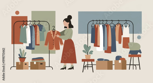 Woman organizing clothes on a rack for a second-hand market or thrift store.