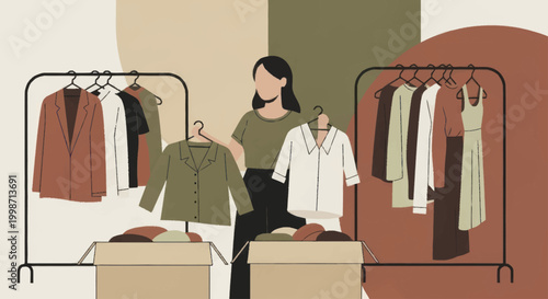 Woman organizing clothes for donation or resale.