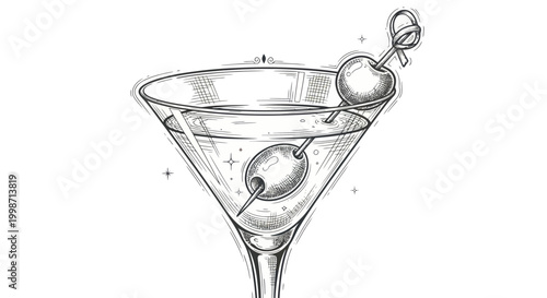 Hand-drawn Martini Cocktail with Olive and Cherry