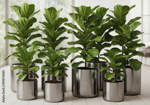 Group of Healthy Fiddle Leaf Fig Plants in Pots.