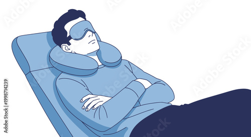 Man wearing sleep mask and neck pillow.