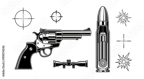 Revolver Gun and Bullet Illustration.