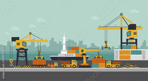 Industrial Port Scene with Cranes Ships and Trucks.