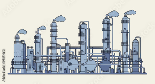 Industrial refinery plant with smoking chimneys and complex piping system.