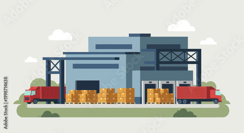 Industrial warehouse building with trucks loading and unloading goods.