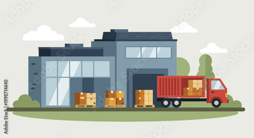 Industrial warehouse with delivery truck and cargo boxes.