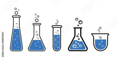 Chemistry experiment setup a row of beakers and flasks with blue liquid silhouette