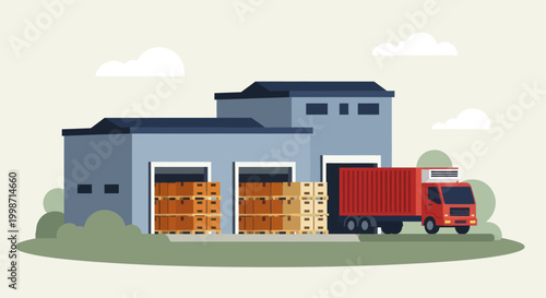 Industrial warehouse with delivery truck and stacked boxes.